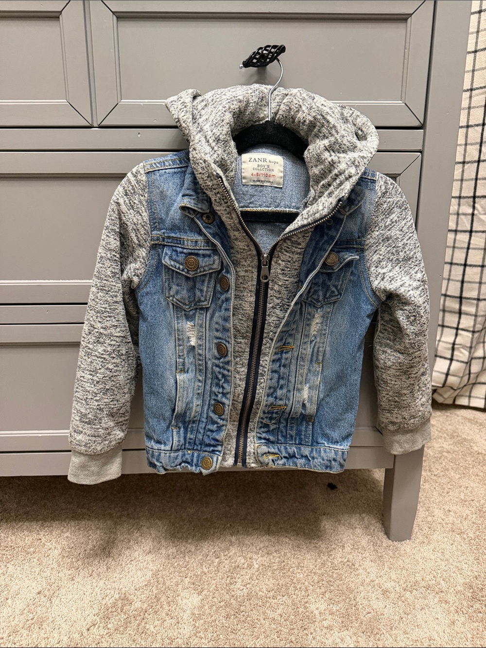 Zara Kids' Blue Denim Jacket with Gray Knit Hood and Sleeves